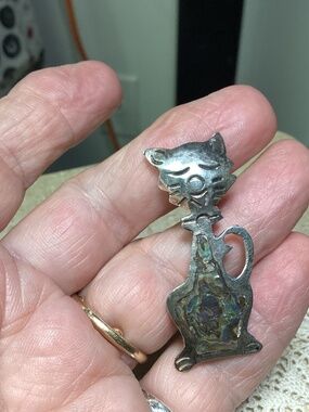 Abalone Shell Cat Sterling Silver Taxco Mexico Brooch Pin Vintage